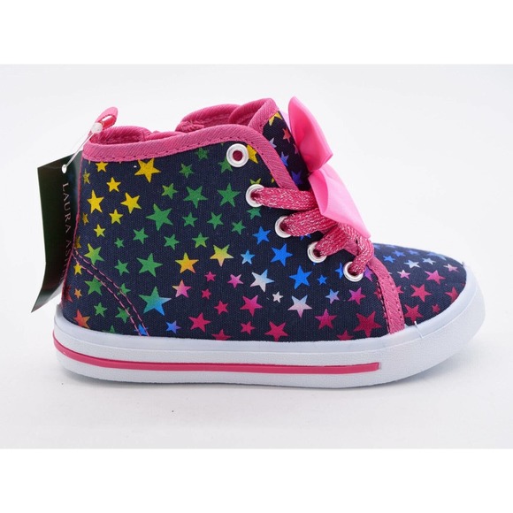 Laura Ashley Girls Size 8 Sneakers Fuschia Navy Stars & Bow Side Zip Casual Shoe - Picture 4 of 10